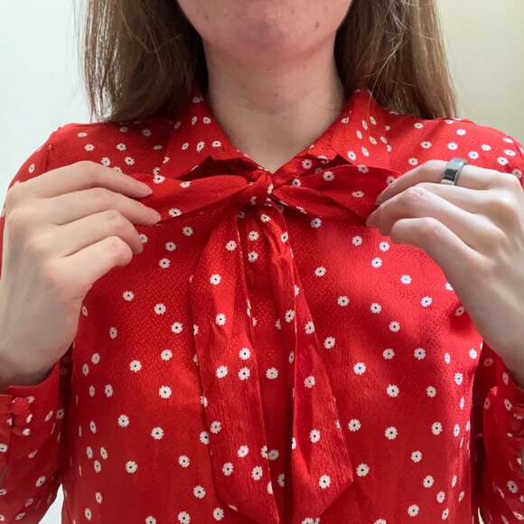 Sézane Red Silk Blouse w/ White Floral Print & Tie Bow | Size 40 (US 8/M) - Picture 3 of 10